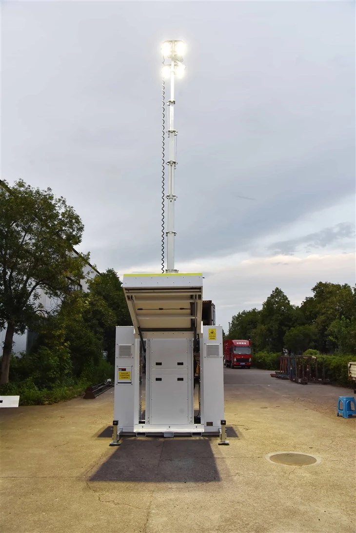 800W ডিমিং কিউবয়েড সোলার লাইট টাওয়ার 12মি হাইড্রোলিক মাস্ট
